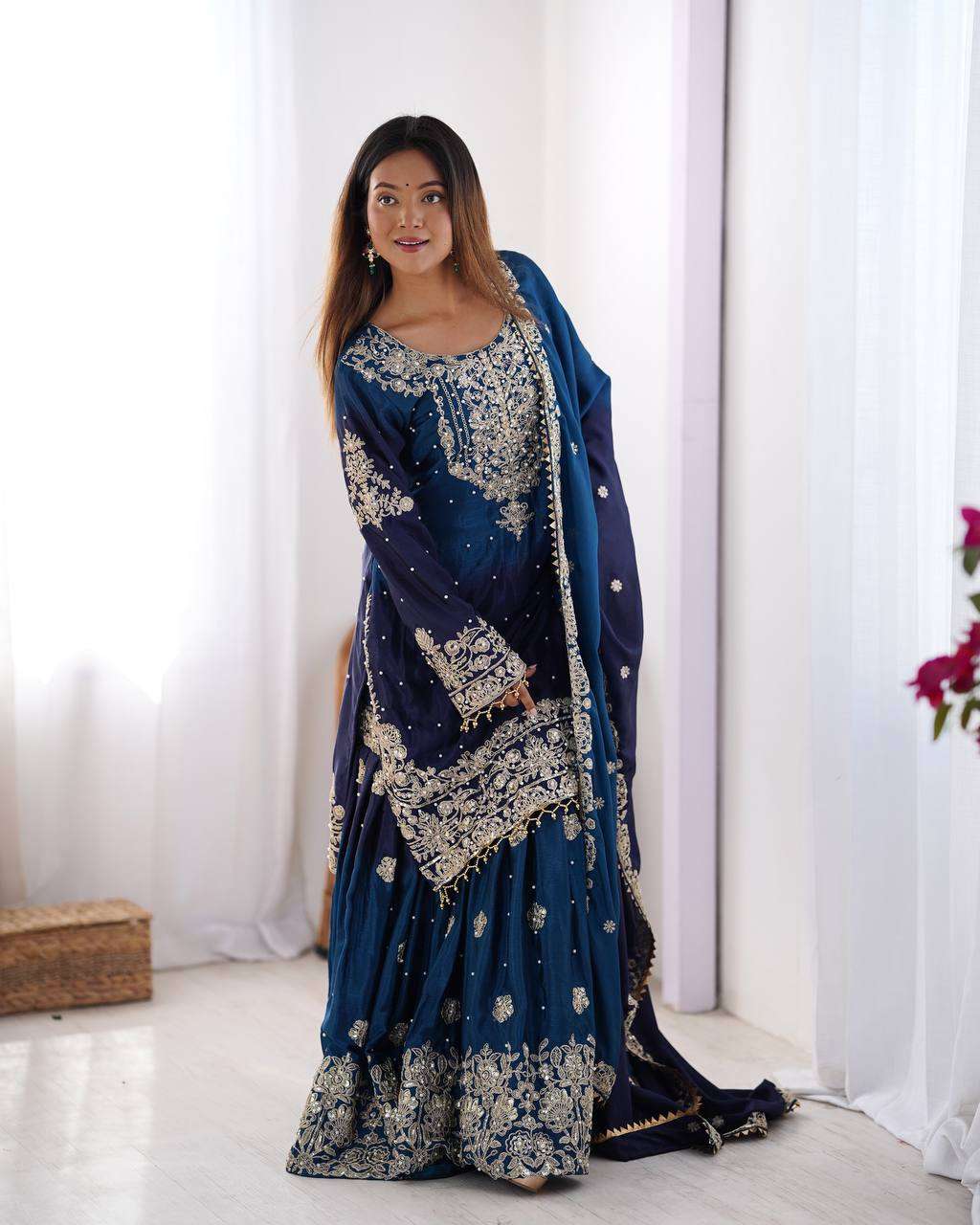 Women's Chinon Silk Sequence With Rivet Moti Work Straight Kurta With Sharara and Dupatta Set - Image 12