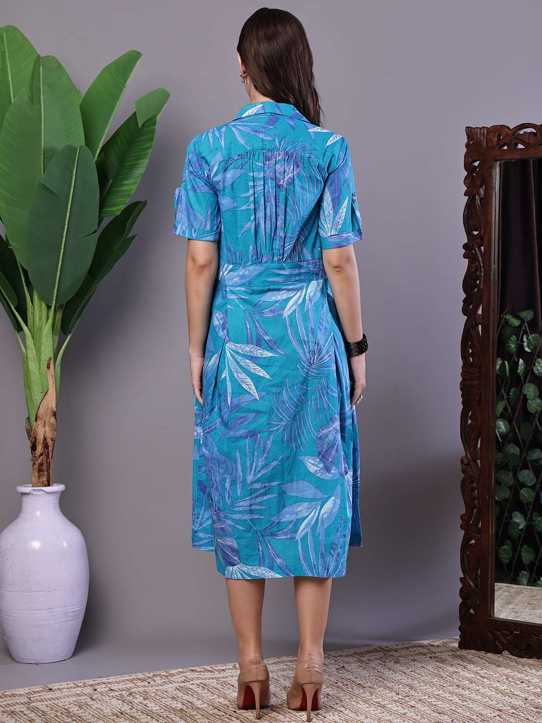 Women's Blue Floral Cotton Pleated Midi Dress with Collar - Image 2