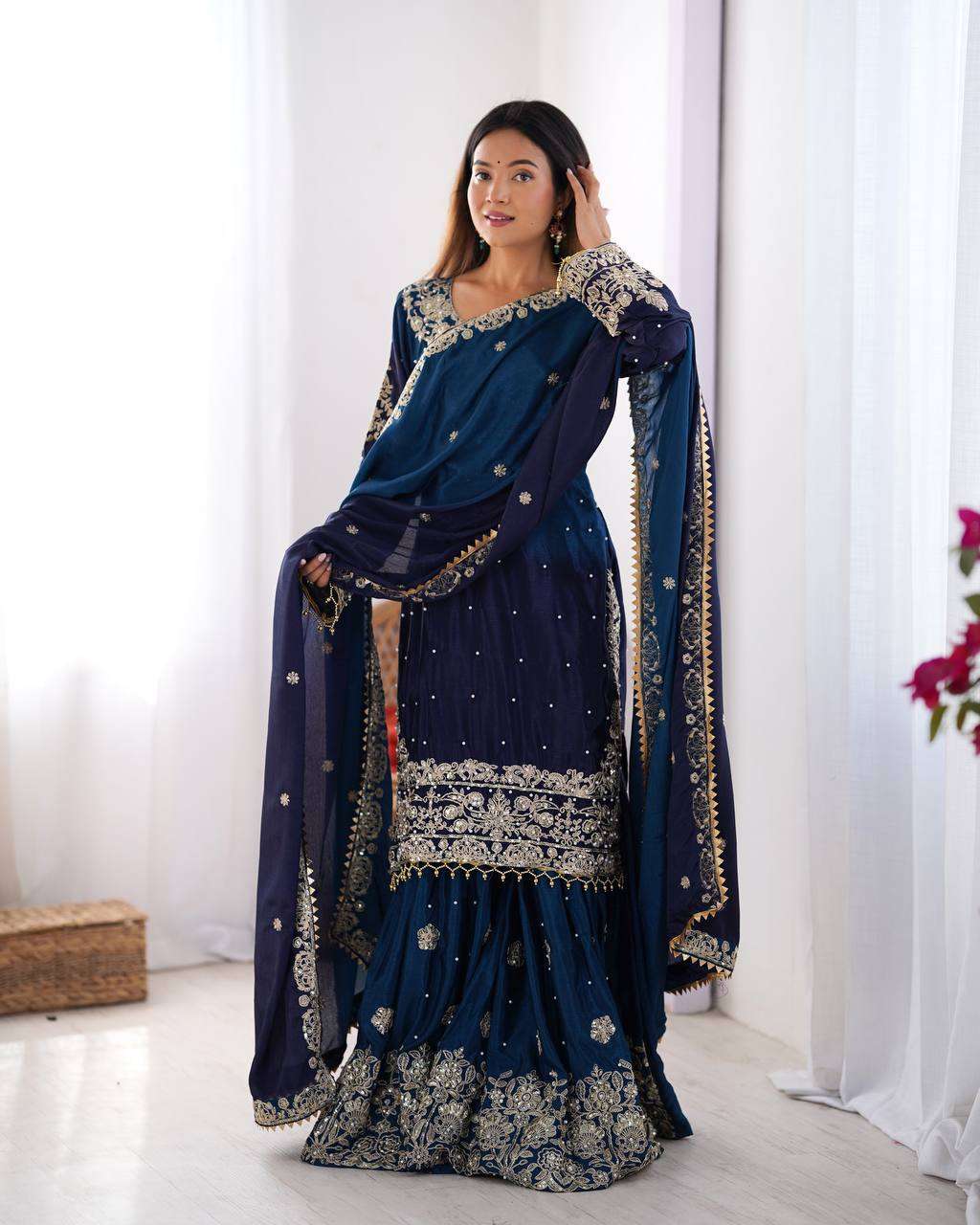 Women's Chinon Silk Sequence With Rivet Moti Work Straight Kurta With Sharara and Dupatta Set - Image 10