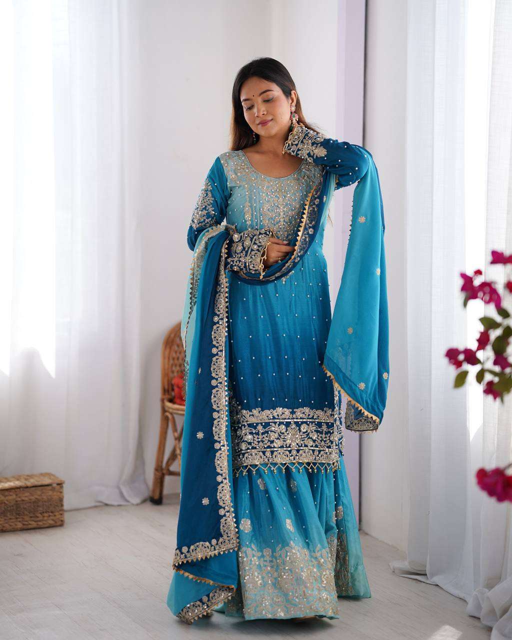 Women's Chinon Silk Sequence With Rivet Moti Work Straight Kurta With Sharara and Dupatta Set