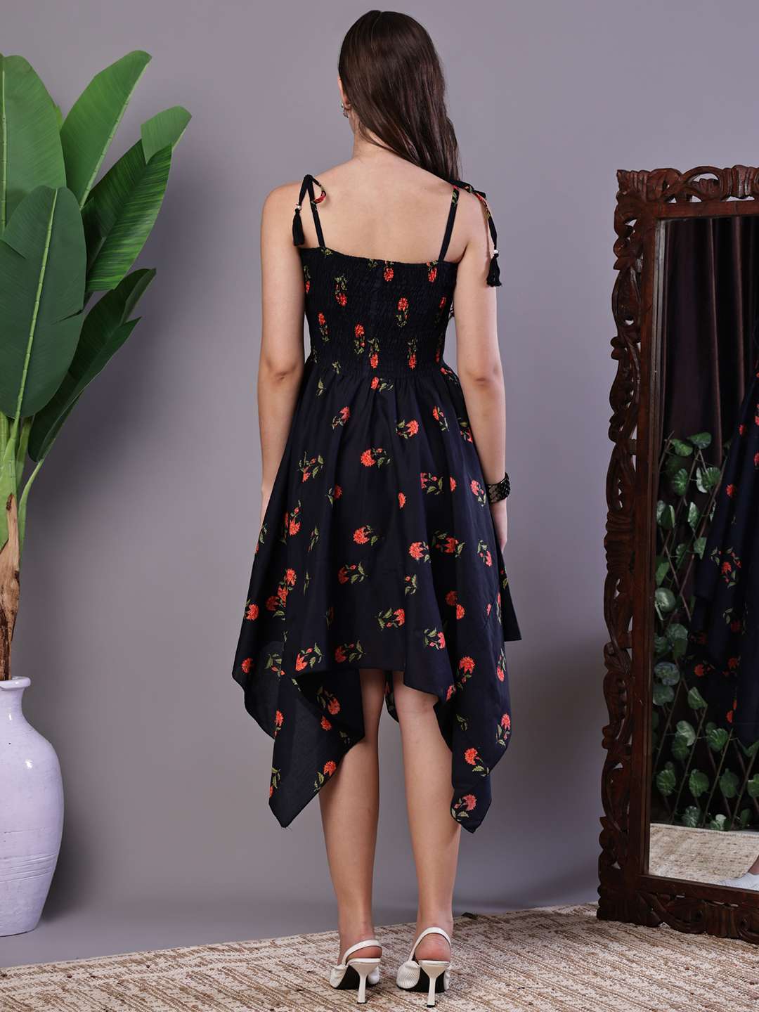 Women's Black Floral Printed Cotton Handkerchief Hem Dress Midi Dresses - Image 2