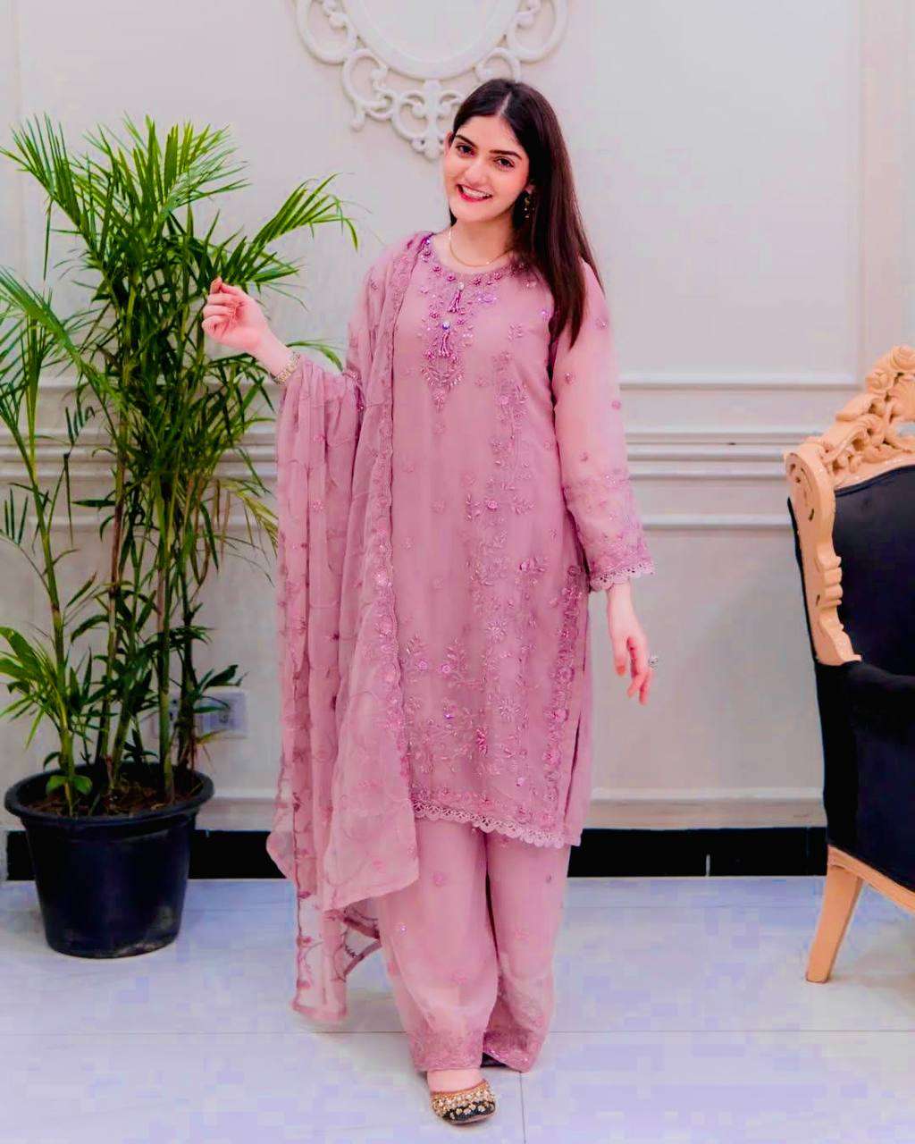 Women's Faux Georgette Embroidery work Straight Kurti With Pant and Dupatta Set - Image 5