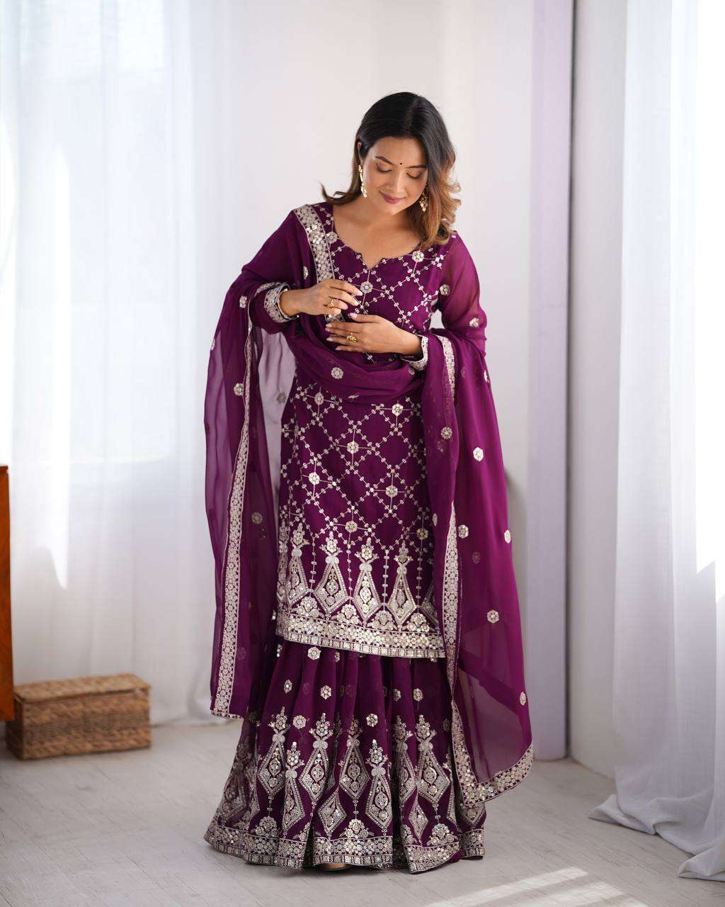 Women's Georgette Embroidery Work Straight Kurta With Sharara Suit and Dupatta Set - Image 3