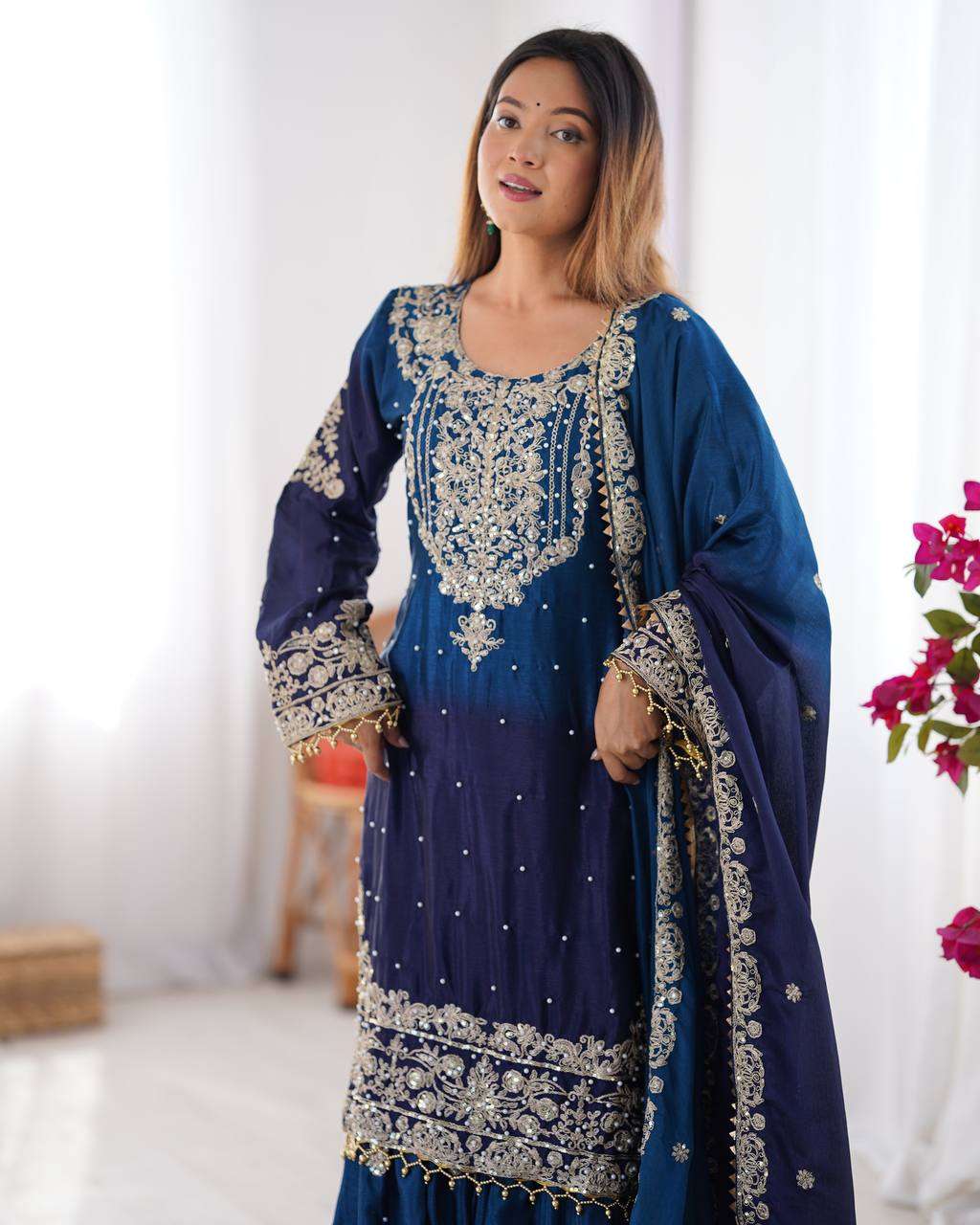 Women's Chinon Silk Sequence With Rivet Moti Work Straight Kurta With Sharara and Dupatta Set - Image 9