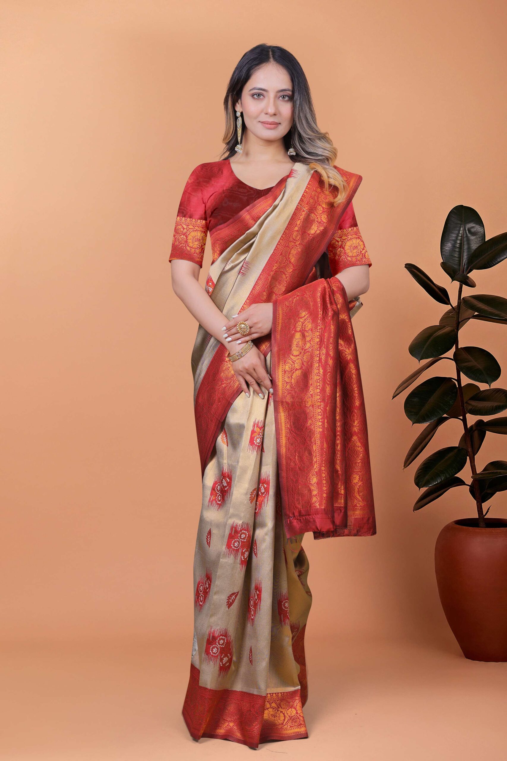 Elegant Beige-Gold Banarasi Silk Saree with Rust-Red Zari Border & Blouse | Wedding, Festival & Party Ethnic Wear - Image 6