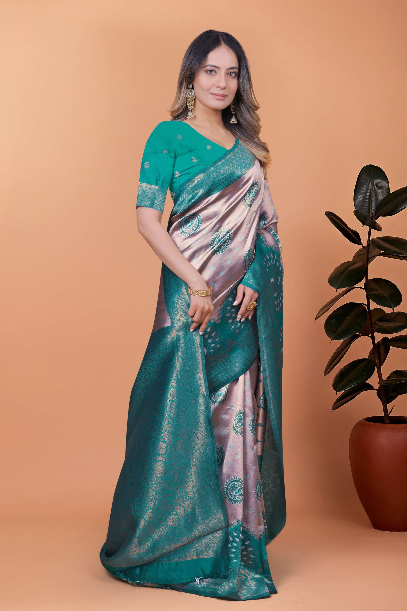 Emerald Elegance Banarasi Silk Saree with Lavender Base, Green Zari Border & Peacock Motifs | Wedding, Festive & Traditional Wear - Image 6